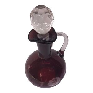 Vintage Ruby Red Romanian Glass Perfume Bottle Etched with Vines and Leaves